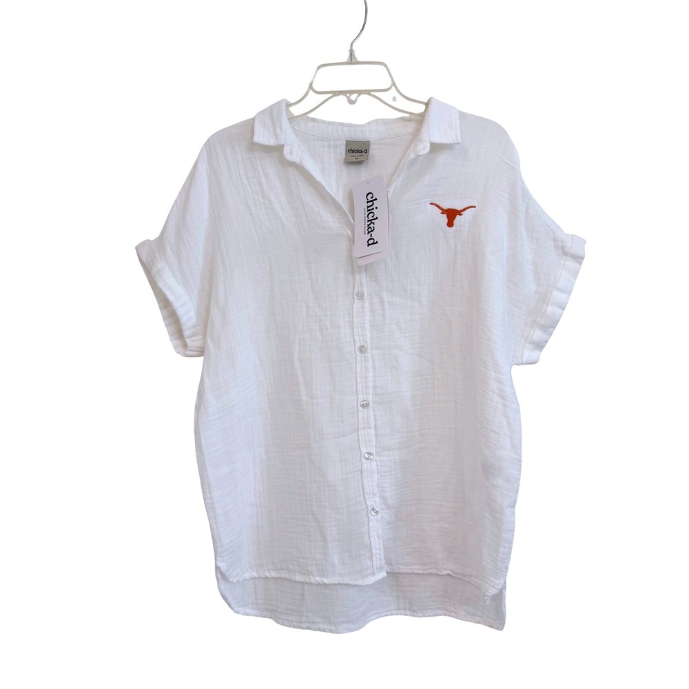 Chicka-d Texas Longhorns Women White Cotton Gauze Weekend Button Up Shirt M NEW